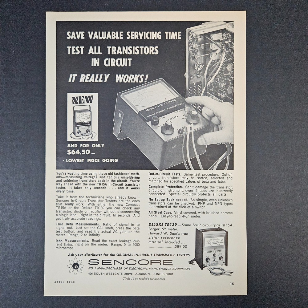 1968 Sencore Electronic Maintenance Equipment Tester Vintage Print Ad Addison IL
